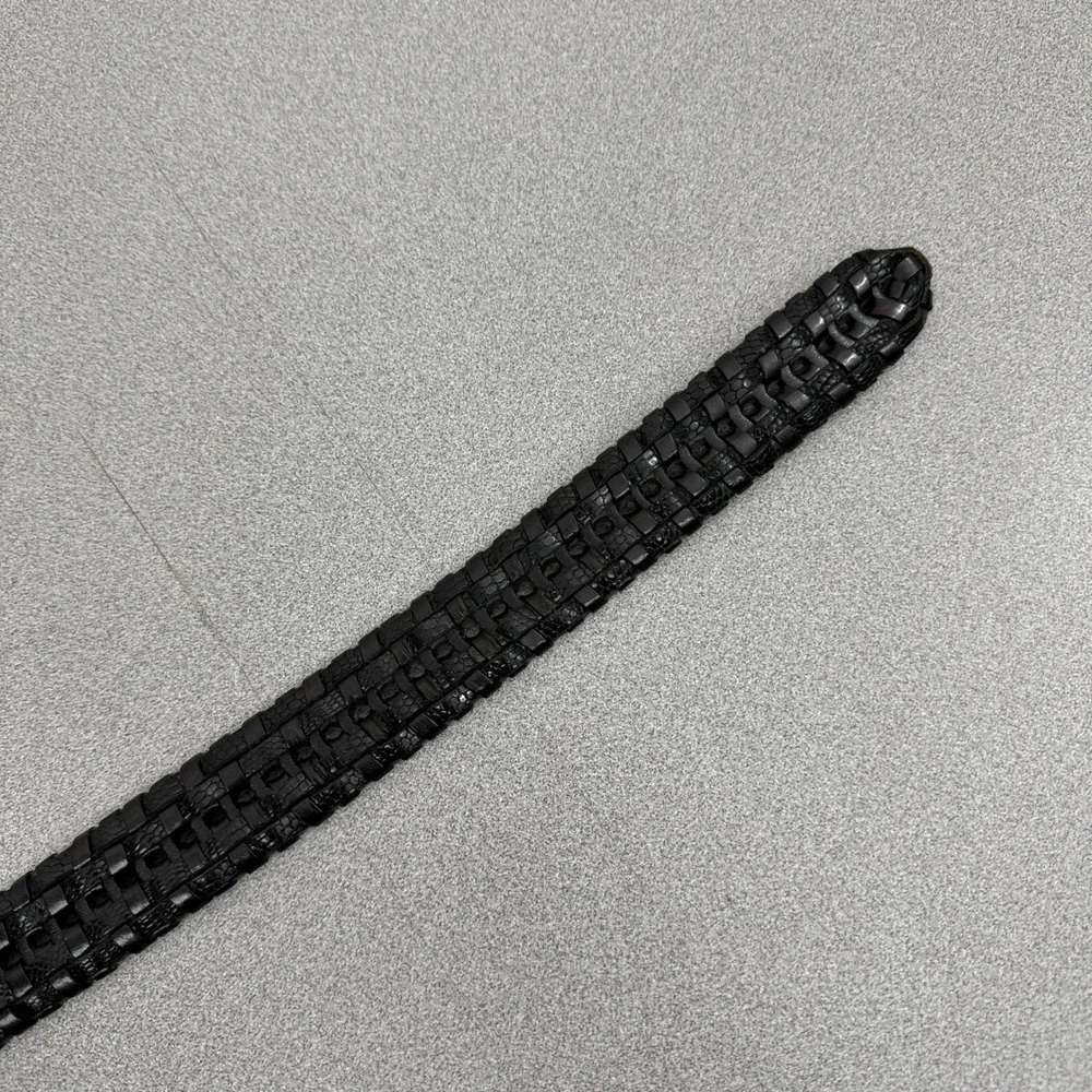 Calé Belt Mens OS Black Woven Leather Made in Spain Lizard Embossed Silver 1.25